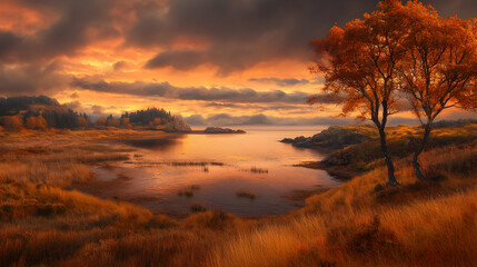 Autumn sunset over calm lake, trees, hills.  Scenic nature wallpaper