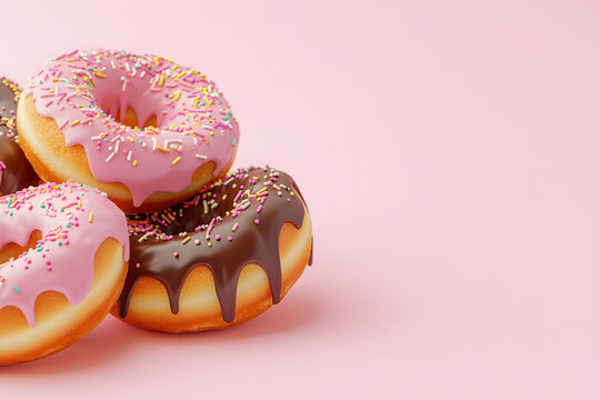 Delicious donuts with pink and chocolate frosting on pink background