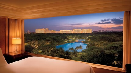 Fototapeta premium Luxurious Hotel Room with Scenic Cityscape View