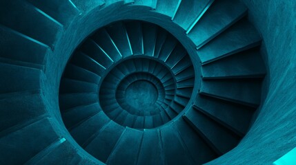 A mesmerizing spiral staircase viewed from above, showcasing intricate architectural design and a captivating blue hue.