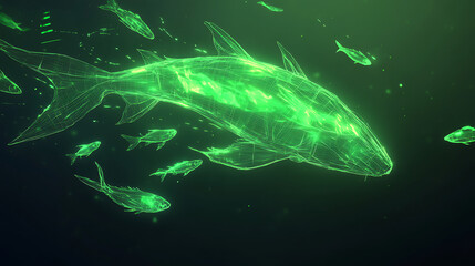 Glowing Green Fish School in Dark Waters