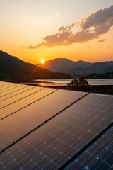 Solar Panels Glistening at Sunset Mountain View