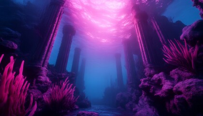 Fototapeta premium A mesmerizing underwater scene with vibrant coral and ancient pillars illuminated by ethereal purple light.