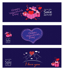 Three Valentine s Day sale banners with romantic illustrations of hearts and cute gift boxes on purple backgrounds.