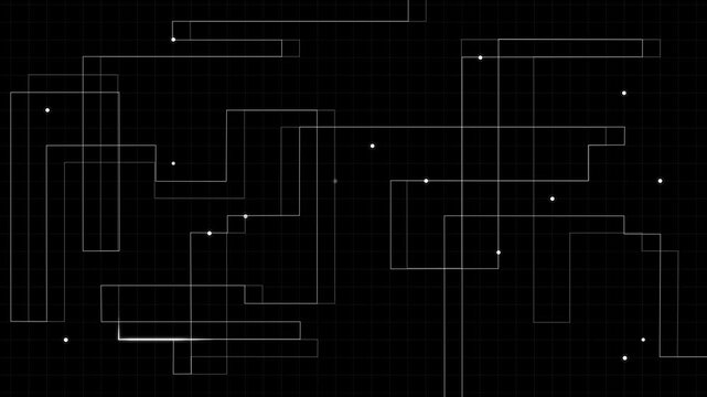 미래지향적인 느낌의 점과 라인이 빛나며 지나가는 전기와 전선 디지털 데이터를 연결하는 기계 AI 백그라운드 모션그래픽