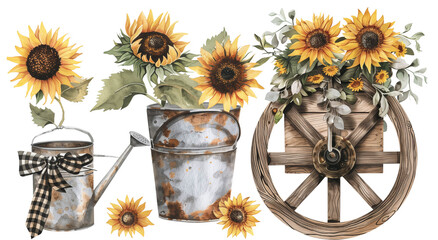 Rustic arrangement of sunflowers in metal buckets and wooden wagon wheel for country-themed decor