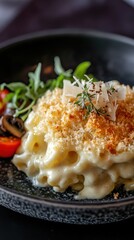 Delicious macaroni pasta with mushrooms and parmesan cheese