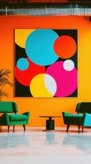 Vibrant Living Room with Abstract Colorful Artwork and Modern Green Chairs Against Bright Orange Wall