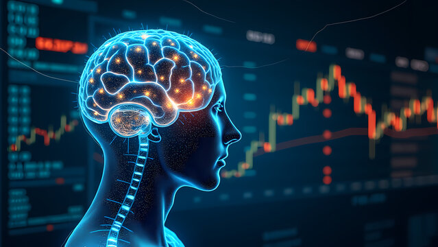 "A glowing digital brain processing financial data, stock charts, and algorithmic trading codes, symbolizing AI-driven market intelligence and automated decision-making."