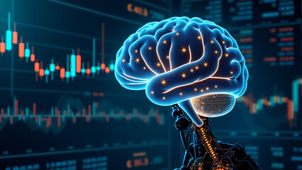 "A glowing digital brain processing financial data, stock charts, and algorithmic trading codes, symbolizing AI-driven market intelligence and automated decision-making."