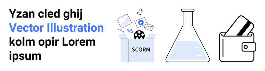 SCORM box containing various document and media files, a beaker filled with liquid, and a wallet with cards. Ideal for e-learning, education, multimedia, science, laboratory, financial management