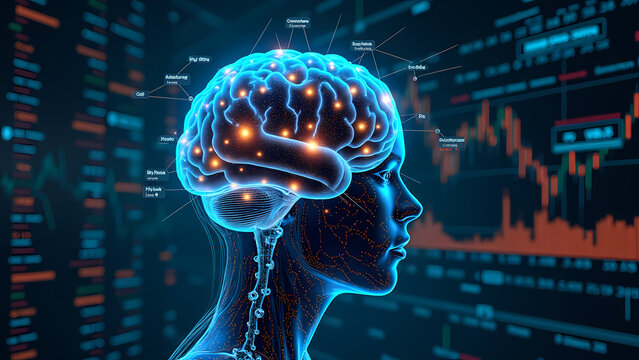 "A glowing digital brain processing financial data, stock charts, and algorithmic trading codes, symbolizing AI-driven market intelligence and automated decision-making."