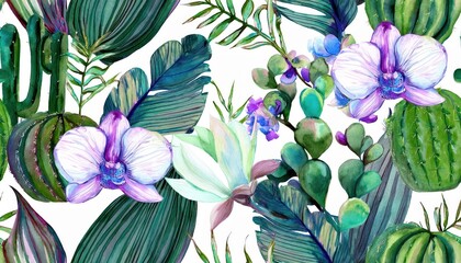 Naklejka premium Stunning Tropical Paradise A Vibrant Mosaic of Leaves and Blossoms, Embracing a Lush, Exotic Oasis