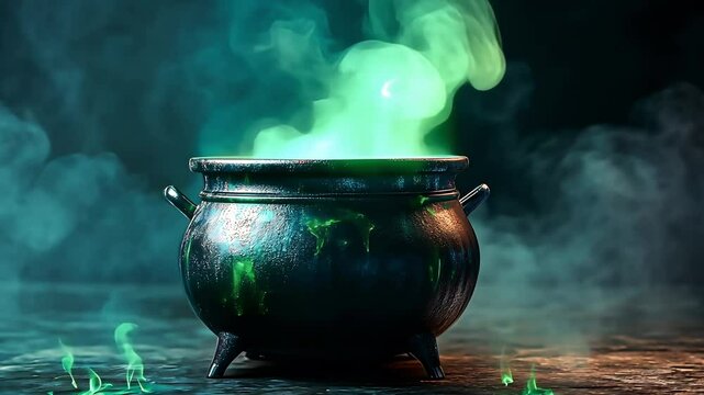 Cauldron with glowing magical potion isolated on a dark foggy in wizards workshop, Magic Potion	
