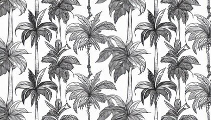 Vibrant HandDrawn Tropical Forest Illustration on White Background, Featuring Detailed Linear Botanical Elements and Exotic Palm Trees, Perfect for Digital Art, Home Decor, or Design Inspiration.