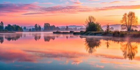 Obraz premium Soft pink hues of sunrise illuminate the misty waters of Snohomish River Delta in Everett WA landscape reflected in calm morning lake surface, water reflection, morning light