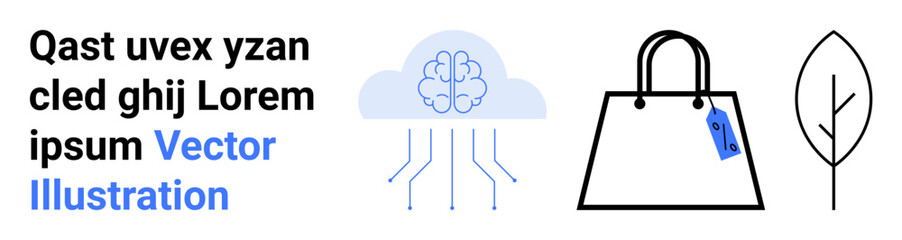 Brain with circuits symbolizing AI, price-tagged shopping bag representing commerce, a leaf showcasing sustainability. Ideal for AI, retail tech, e-commerce, eco-friendliness, sustainability