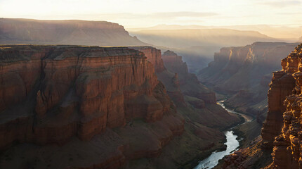 a dramatic canyon landscape at golden hour, with sunlight casting long shadows over the rugged rock formations. A river winds through the valley