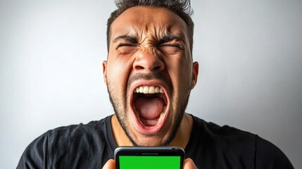 Angry man screams at phone; plain background; frustration, online issue
