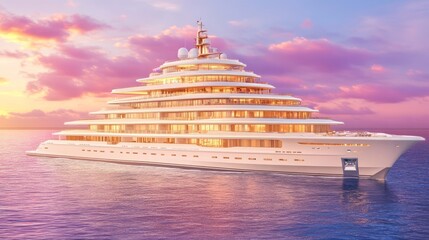 Luxurious Mega Yacht at Sunset, Ocean Cruise Vessel