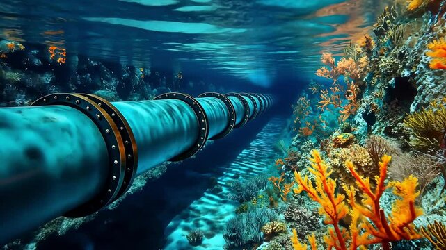 Aqua pipelines for conveying natural gas or crude oil against a deep sea, surrounding glowing vibrant coral reefs	

