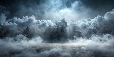 Obraz premium Mysterious foggy atmosphere with dry ice smoke and misty clouds in the background, misty, overcast, misty,overcast,smoke