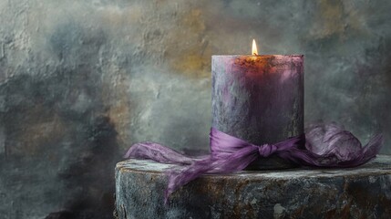 A Lit Purple Candle with Ribbon on Rustic Wood
