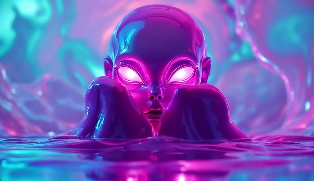 A mesmerizing 3D render of a neon alien head submerged in a vibrant liquid. Surreal and otherworldly.