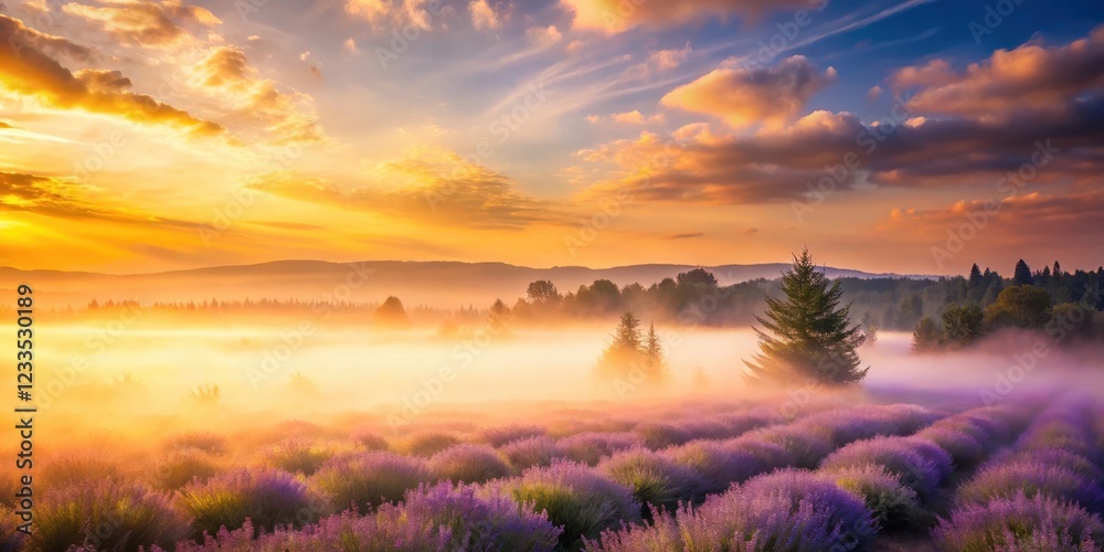 Canvas Prints soft lavender misty cloud enveloping a serene landscape at dusk with warm golden light filtering thr