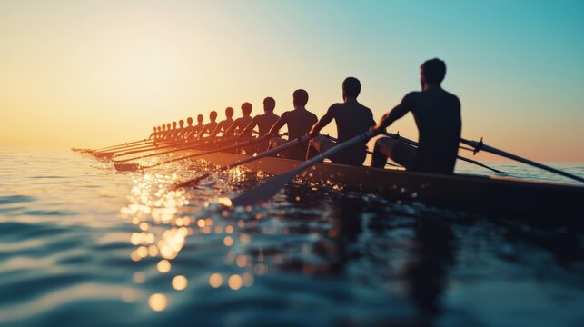 Rowers Synchronize Their Efforts at Sunset on Serene Water in Beautiful Scenic Landscape