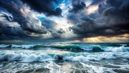 Obraz premium A turbulent sea with waves crashing against the shore, surrounded by a dramatic cloudy sky with dark stormy weather