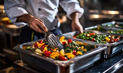 A chef demonstrates sustainable practices in a commercial kitchen.