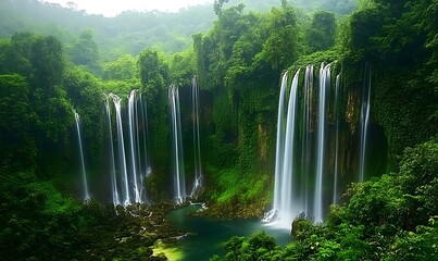 Naklejka premium Lush green jungle waterfall cascading into pool. Nature background, travel, tourism
