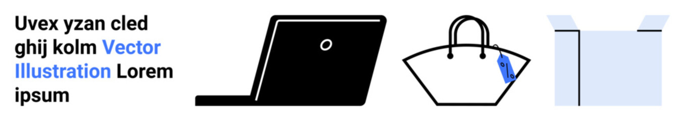 Laptop, handbag with tag, open box signify digital work, online shopping, and shipping. Ideal for e-commerce, retail, technology, packaging delivery services modern lifestyle flat landing page