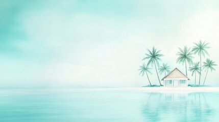 Fototapeta premium serene tropical island with tranquil house and palm trees by water