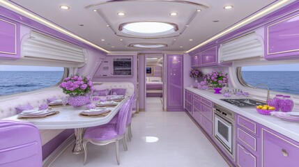 Luxurious Purple Yacht Interior Design Dining and Kitchen