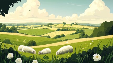Serene Pastoral Landscape: Rolling Hills, Grazing Sheep, and a Tranquil Countryside