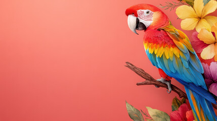 Obraz premium vibrant parrot perched on branch with colorful tropical flowers
