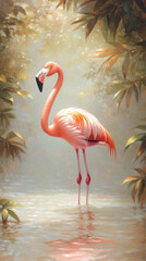 Fototapeta premium vibrant flamingo stands gracefully in tranquil waters surrounded by lush foliage