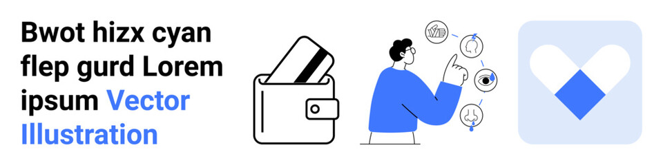 Wallet holding cards, person pointing at interface icons, heart-shaped emblem. Ideal for finance, online transactions, user interaction, app design, digital wallets, mobile payments branding