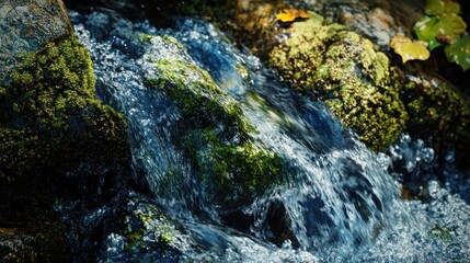 Mountain stream flows over moss-covered rocks, autumn leaves nearby, nature background, ideal for websites