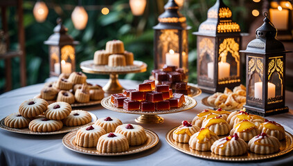 Naklejka premium beautifully decorated dessert table featuring various sweets, including cakes, pastries, and jelly, illuminated by lanterns and candles, creating warm and inviting atmosphere