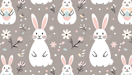 Cute and playful seamless pattern featuring minimalist Easter bunnies, flowers, and eggs on soft gray background, perfect for festive designs and decorations