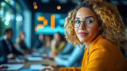 A focused woman in glasses sits at a conference table, engaging in a business meeting with colleagues in a modern office setting.