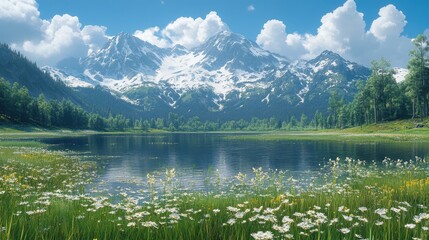 Serene mountain landscape with a lake and blooming flowers under a clear sky.