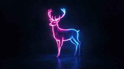 Obraz premium Neon deer standing, dark background, digital art, holiday card