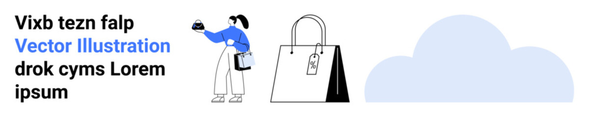Woman holding phone and shopping bag, large tote bag with tag, blue cloud. Ideal for shopping, technology, e-commerce, marketing, business, branding flat landing page banner