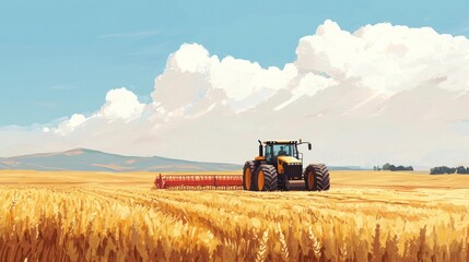Obraz premium Golden Harvest: Tractor in a Vast Wheat Field Under a Summer Sky