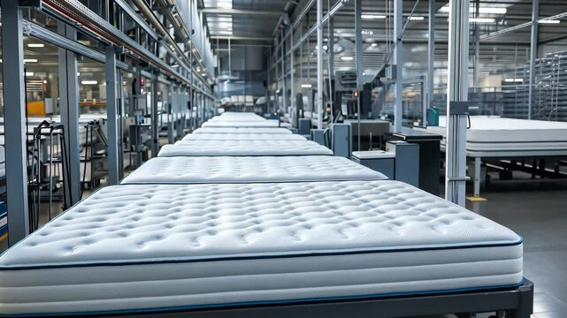 Industrial production machinery process and assembly line for bedding products. Mattresses in a large manufacturing factory	
