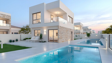 Modern villa, pool, sunset, residential area, real estate